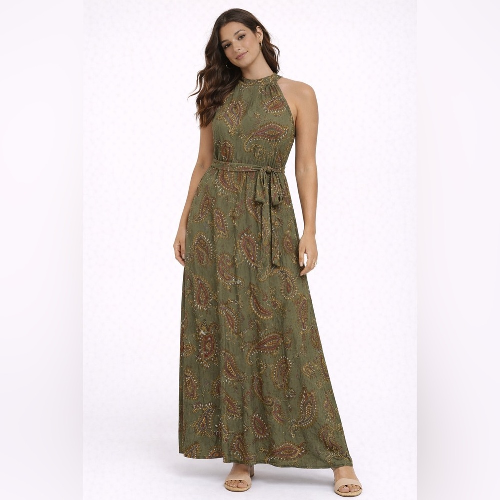Loveappella Olive Paisley Maxi Dress High Neck Belted Boho